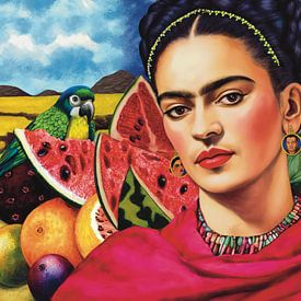 Frida mit Papagei und Obst von Karen Nijst