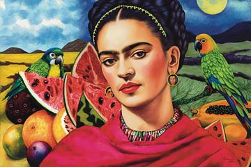 Frida with Parrot and Fruit