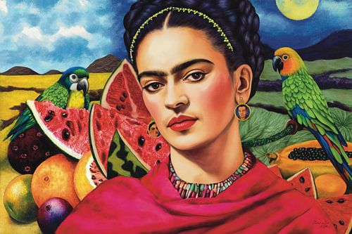 Frida avec un perroquet et un fruit sur Karen Nijst