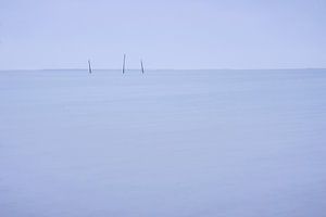 Visstokken in zee tegen het vallen van de avond 2 | Blauw, Long Exposure, Minimal Art, Nederland