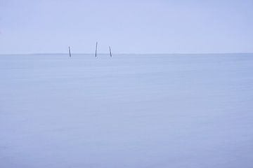 Fishing poles in the sea against nightfall 2 | Blue, Long Exposure, Minimal Art, Netherlands by Merlijn Arina Photography