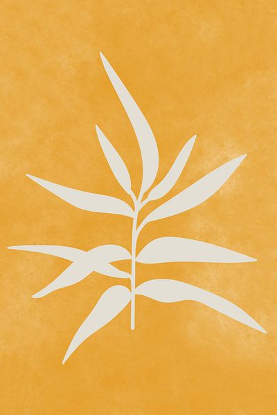 Moderne botanische kunst. Twijg in wit op geel van Dina Dankers