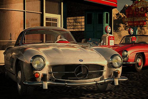 Mercedes 300SL Gull wings met vintage benzinestation