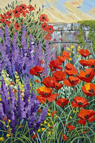 Levendig olieverfschilderij met bloemenweide in impasto-stijl