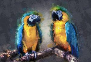 Oil paint portrait of two parrots by Bert Hooijer