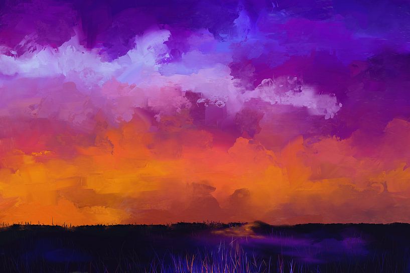 Schilderij van een Landschap met Paarse Wolken van Tanja Udelhofen