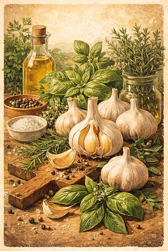 Rustieke mediterrane keukenkunst – Stilleven met knoflook en kruiden