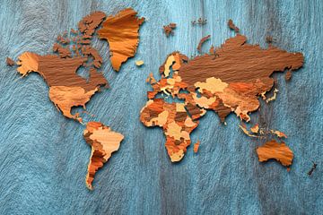 Carte du monde en tons de marron sur fond bleu sur Arjen Roos