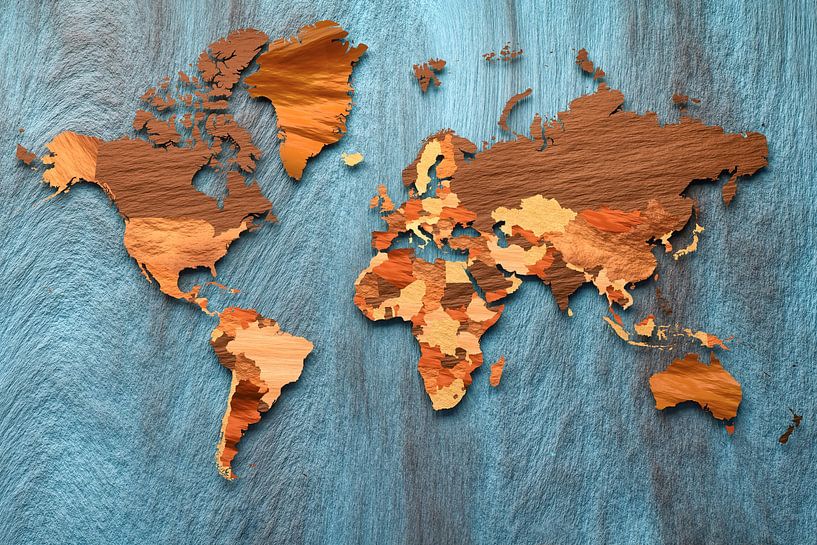 World map in shades of brown on blue by Arjen Roos