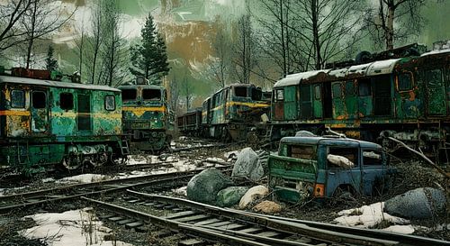 A winter railway junkyard