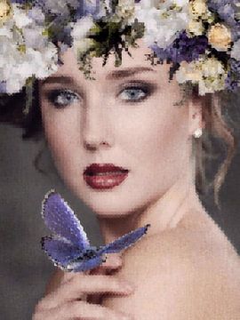 Lady With The Purple Butterfly | Een portret van een vrouw met een paarse vlinder. Pixel Art van Wil Vervenne