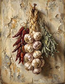 Vintage Garlic and Chili Pepper Still Life – Rustic Kitchen Botanical Wall Art by haroulita