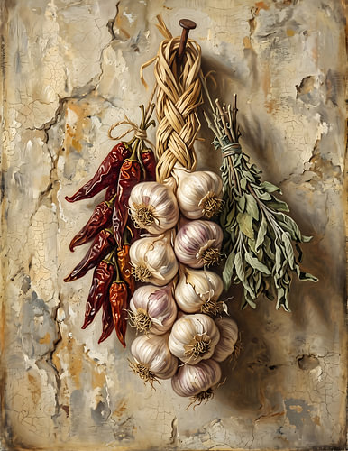 Vintage stilleven met knoflook en chilipepers – Rustieke botanische wanddecoratie voor in de keuken