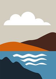 Minimalistische, abstrakte Landschaftsbilder mit geometrischen Bergen und Wasser in Erdtönen