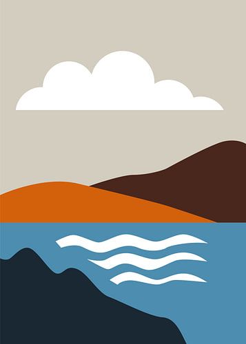 Minimalistische, abstrakte Landschaftsbilder mit geometrischen Bergen und Wasser in Erdtönen