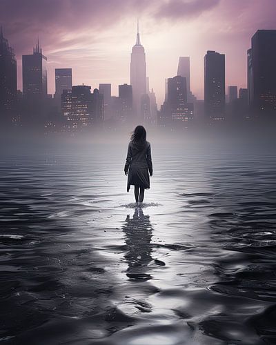 Jonge vrouw rent door de rivier