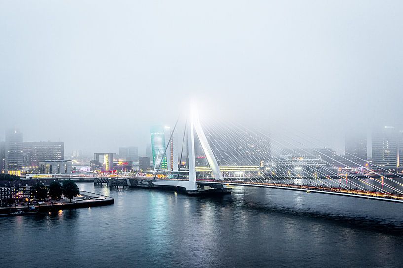 Rotterdam Erasmusbrug in de mist van Leon van der Velden