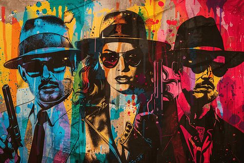 Geheimzinnige Maffiafiguren met Kleurrijke Achtergrond