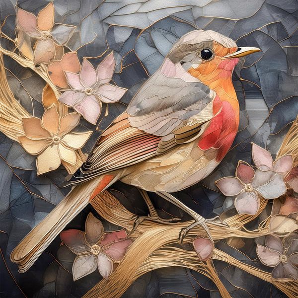 Hotel chic robin on a branch with blossom by Emiel de Lange