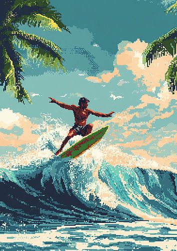 Surf Poster Strand Zee - Pixel Art