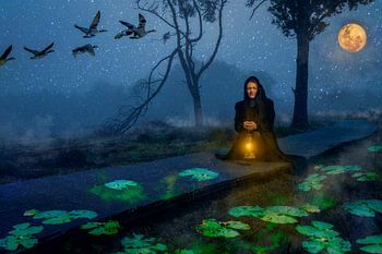 Dreamscape #3 Vrouw geknield op een vlonder met waterlelies