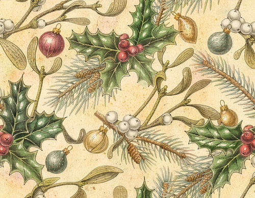 Seamless vintage Christmas pattern featuring holly, mistletoe, fir branches, berries and ornaments; antique botanical illustration