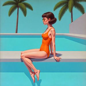 Le bonheur rétro au bord de la piscine avec les palmiers
