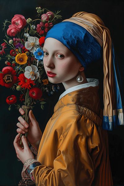 Elegant Girl with a Pearl Earring with flowers by Steinfox Art