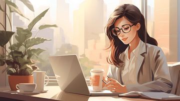 De onderneemster werkt in bureau met laptop, illustratie het schilderen kunstontwerp van Animaflora PicsStock