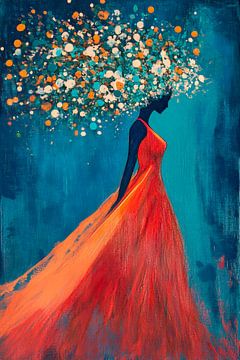 Woman with flowering hair in orange-blue by Poster Art Shop