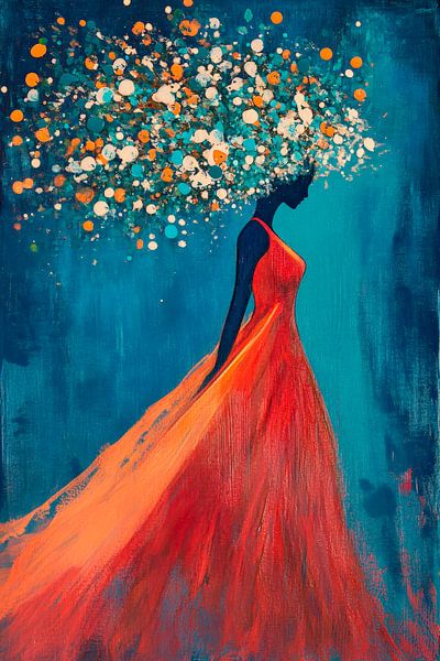 Woman with flowering hair in orange-blue by Poster Art Shop