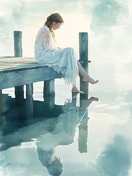 Vrouw op steiger, aquarel