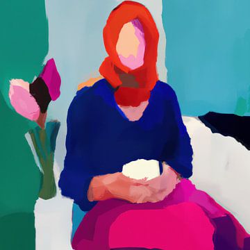 Kleurrijk en abstract portret "Vrouw met hijab" van Carla Van Iersel