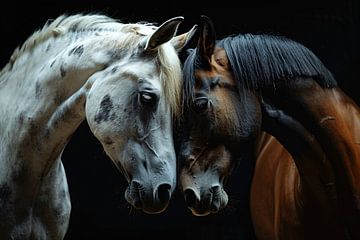 Twee paarden in een donkere omgeving van De Muurdecoratie