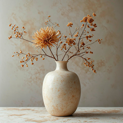 Een stilleven van een vaas met aardekleuren droogbloemen.
