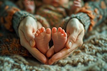 Moeder houdt de voeten van haar pasgeboren baby in haar handen. van Animaflora PicsStock