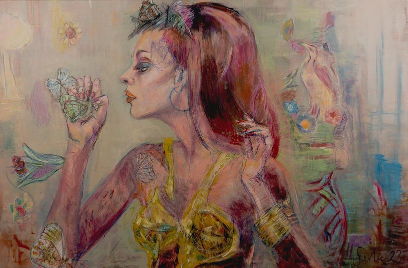 Gemälde einer Frau mit Schmetterlingen, Blumen und Vögeln von Gemälde Liesbeth Serlie