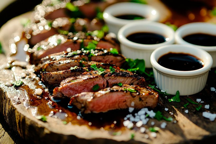 Juicy steak with dips and herbs by Poster Art Shop