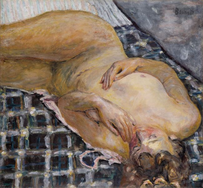 Liggend naakt tegen een witte en blauwe plaid, Pierre Bonnard, ca 1909 van Atelier Liesjes