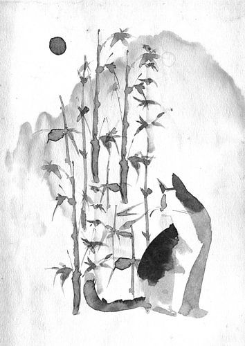 Katze mit Bambus
