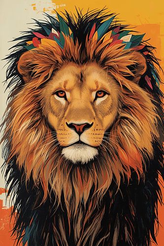 Illustrated lion's head with feathers