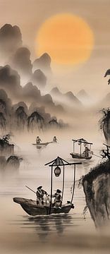 Chinese ink on rice paper with fishing boat by Jan Bechtum