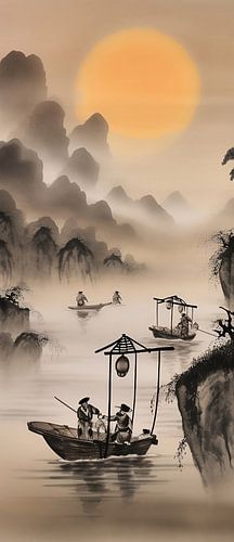 Chinese ink on rice paper with fishing boat