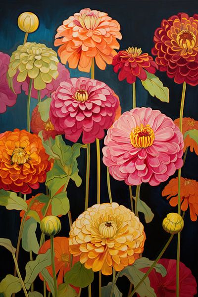 Dahlia's in Bloei | Moderne Dahlia Kunst van Abstract Schilderij