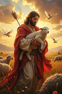Fantasy Art Wandbild: JESUS CHRISTUS - Der Hirte Jesus mit einem Lamm in den Armen
