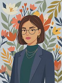 Modern Woman Portrait with Glasses and Floral Art