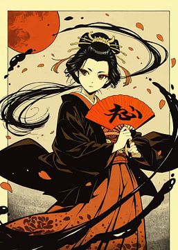 Japanese Geisha holding Fan under Blood Moon by MIROKKU