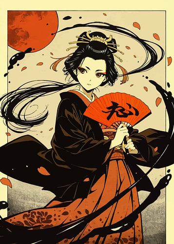 Japanse Geisha met waaier onder bloedmaan