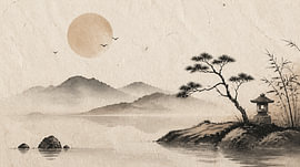 Japanese Zen Landscape with Lantern and Bonsai by Studio Pieternel
