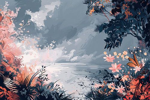 Surrealistisch Bloemen en Strand Landschap Schilderij